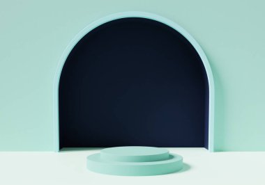 Yeşil arka planlı 3D yeşil ürün podyumu ve yuvarlak siyah portal, yaz ürünü modelleme arka planı, 3D resimleme