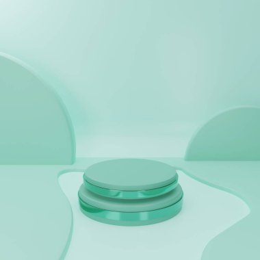 Ürün ticari tasarımı için 3D rendelenen yeşil tosca podyum sahne arkaplanı minimum sahne