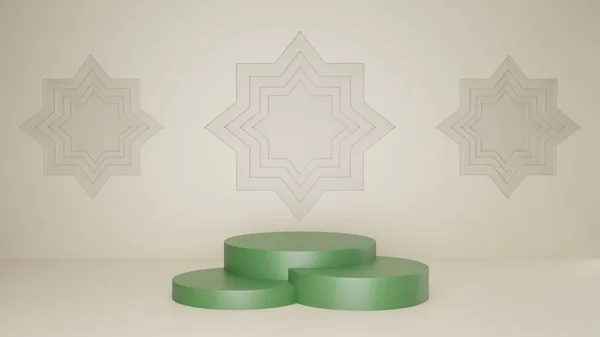 3d rendering green podium ramadan white ornament islamic background with stars 3d illustration, product commercial stage