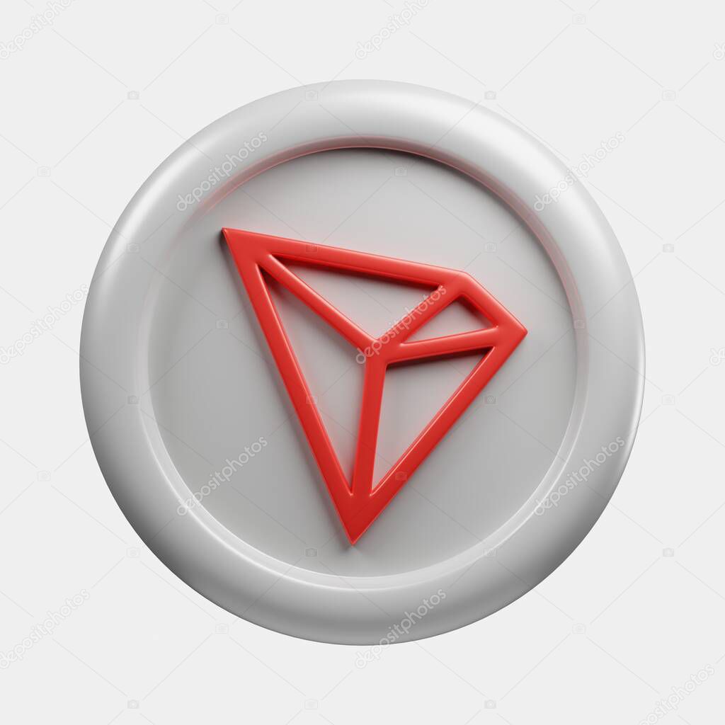 3d rendering front view cryptocurrency TRX or Tron silver coin with cartoon style white background, good use for blockchain or cryptocurrency design theme