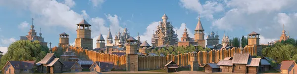 Ampio panorama dell'antica fortezza tradizionale russa in legno sulla collina. Storica fortezza di fantasia in legno con foresta e skyline. Illustrazione resa 3D — Foto Stock