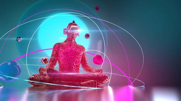Metall kalte komplexe Figur in Zen-Pose in vr Gang mit futuristischen Ringen und Kugeln herum auf buntem Hintergrund. Konzept der metaversen Virtual-Reality-Welten, Remote-Arbeitstechnologien 3D gerendert Stockfoto