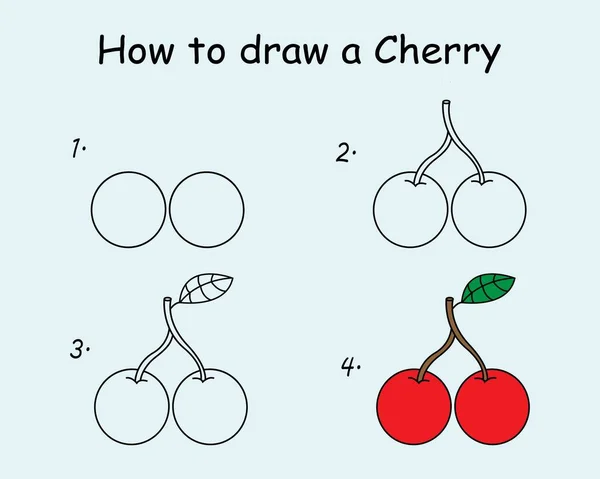 Step Step Draw Cherry Drawing Tutorial Cherry Drawing Lesson Children — Διανυσματικό Αρχείο