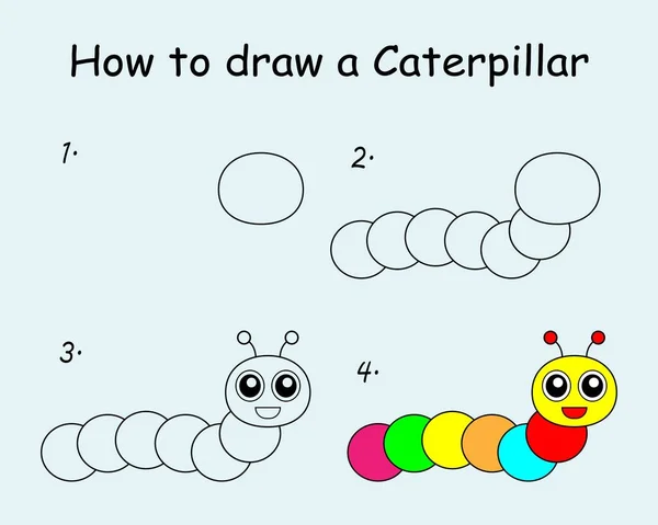 Step Step Draw Caterpillar Drawing Tutorial Caterpillar Drawing Lesson Children — 스톡 벡터