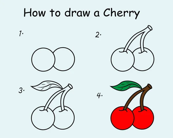 Step Step Draw Cherry Drawing Tutorial Cherry Drawing Lesson Children —  Vetores de Stock