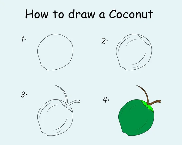 Stap Voor Stap Een Kokosnoot Tekenen Teken Tutorial Een Kokosnoot — Stockvector