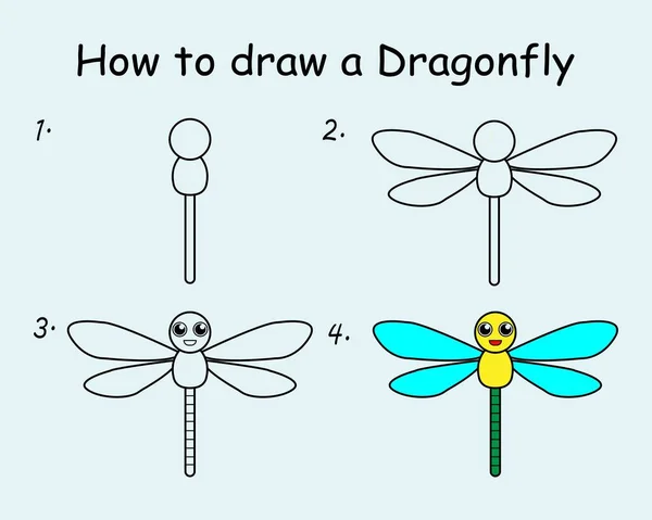 Step Step Draw Dragonfly Drawing Tutorial Dragonfly Drawing Lesson Children — Stockový vektor