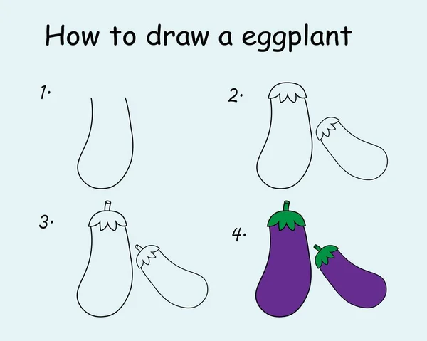 Step Step Draw Eggplant Drawing Tutorial Eggplant Drawing Lesson Children — Διανυσματικό Αρχείο