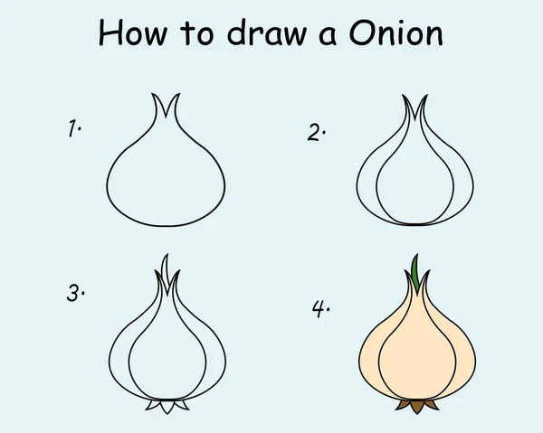 Step Step Draw Onion Drawing Tutorial Onion Drawing Lesson Children — Stockový vektor