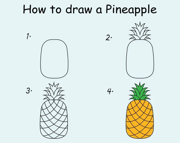 Step Step Draw Pineapple Drawing Tutorial Pineapple Drawing Lesson Children — Vettoriale Stock