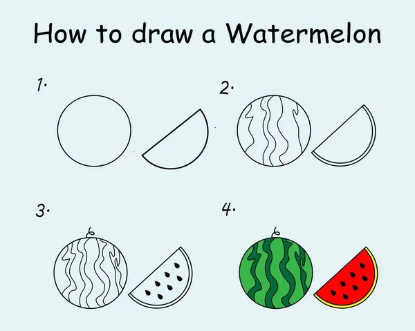 Step Step Draw Watermelon Drawing Tutorial Watermelon Drawing Lesson Children — Stok Vektör