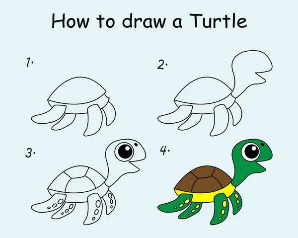 Step Step Draw Cute Turtle Drawing Tutorial Cute Turtle Drawing — Stock vektor