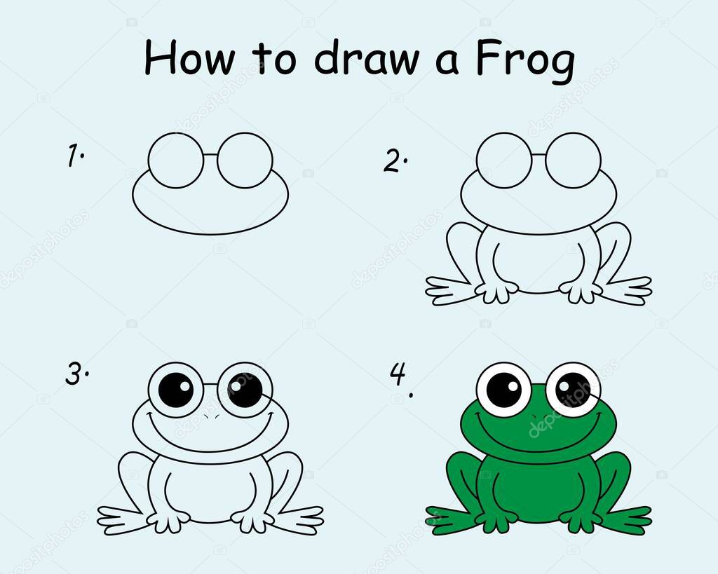Step to step draw a Cute Frog. Good for drawing child kid illustration. Vector illustration