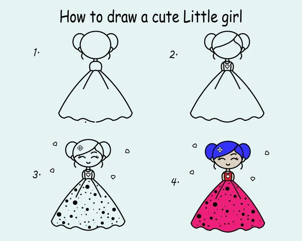 Step Step Draw Cute Girl Drawing Tutorial Cute Girl Drawing — ストックベクタ