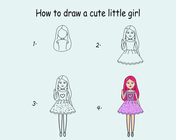 Step Step Draw Cute Girl Drawing Tutorial Cute Girl Drawing — ストックベクタ