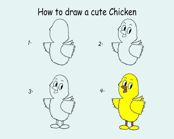 Krok Kroku Narysować Kurczaka Rysowanie Samouczka Kurczaka Lekcja Rysunku Dla — Wektor stockowy