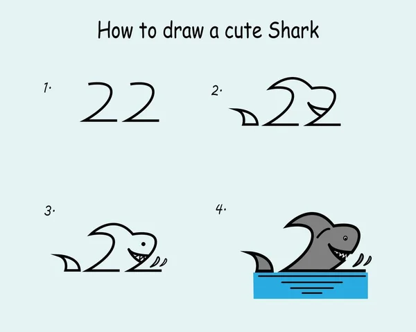 Step Step Draw Shark Drawing Tutorial Shark Drawing Lesson Children — Vetor de Stock