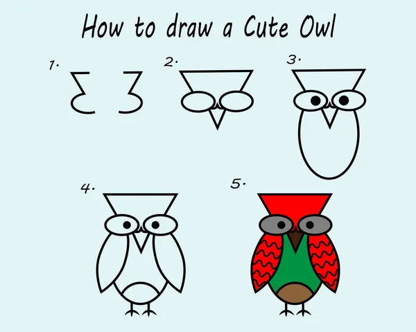 Step Step Draw Owl Drawing Tutorial Owl Drawing Lesson Children — Stockvector