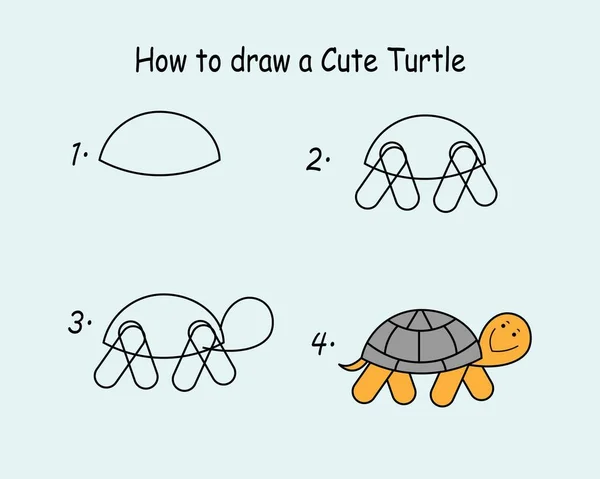 Step Step Draw Cute Turtle Drawing Tutorial Cute Turtle Drawing — Stockový vektor