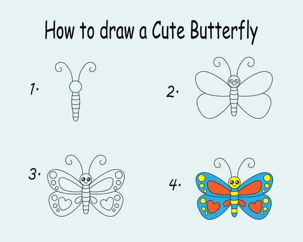 Step Step Draw Cute Butterfly Drawing Tutorial Cute Butterfly Drawing — Διανυσματικό Αρχείο