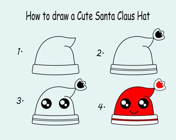 Step Step Draw Cute Santa Claus Hat Drawing Tutorial Cute — Διανυσματικό Αρχείο