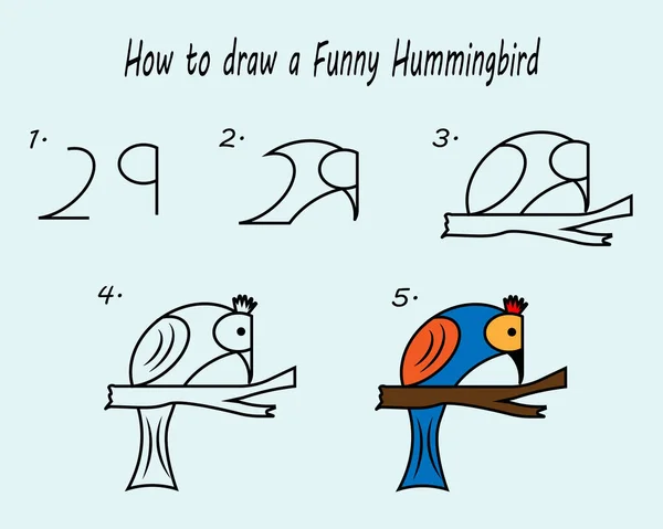 Step Step Draw Hummingbird Drawing Tutorial Hummingbird Drawing Lesson Children — Stockvector