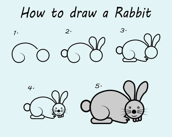 Step Step Draw Rabbit Drawing Tutorial Rabbit Drawing Lesson Children — Stockvektor