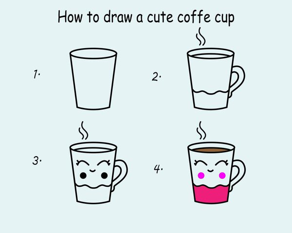 Шаг за шагом, чтобы нарисовать кружку кофе. Рисование учебника Кофейная кружка. Урок рисования для детей. Векторная иллюстрация