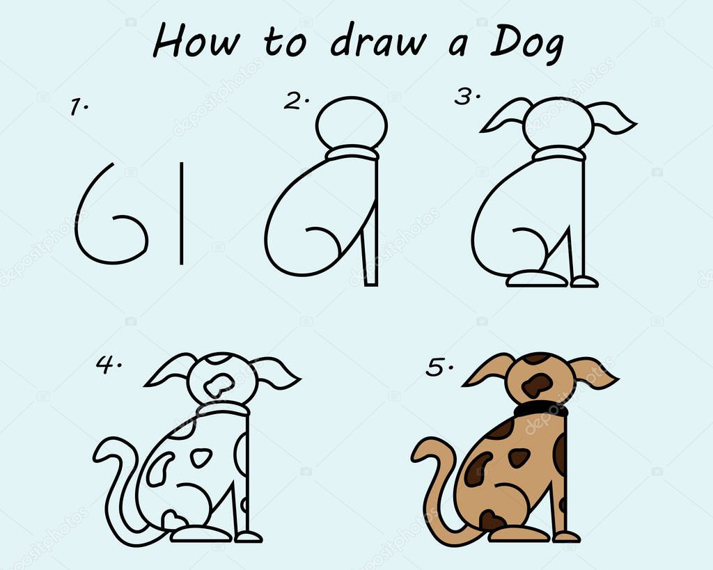 Step by step to draw a Dog. Drawing tutorial a Dog. Drawing lesson for children. Vector illustration.