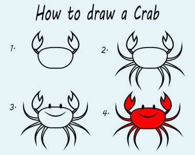 Yengeç çizmek için adım adım. Yengeç resmi çiziyorum. Çocuklar için çizim dersi. Vektör illüstrasyonu