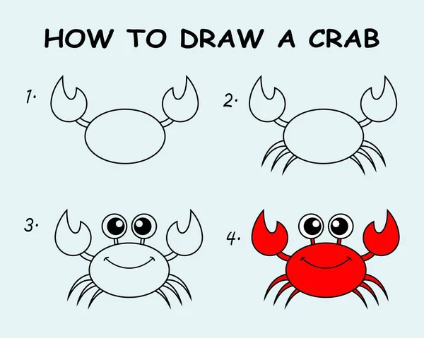 Step Step Draw Crab Drawing Tutorial Crab Drawing Lesson Children — Archivo Imágenes Vectoriales