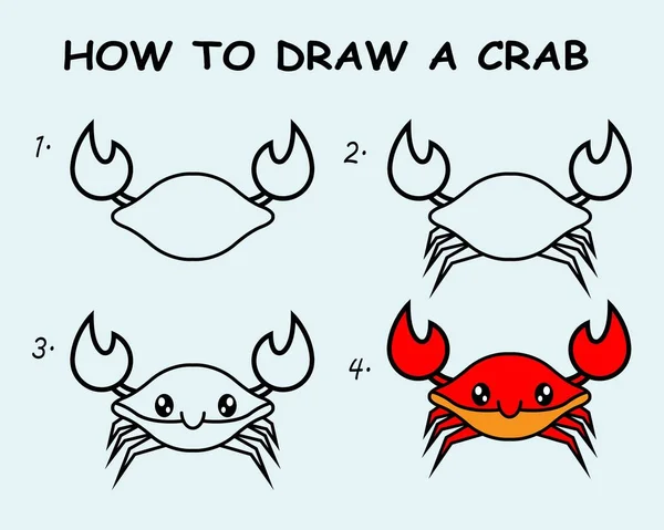 Step Step Draw Crab Drawing Tutorial Crab Drawing Lesson Children — Archivo Imágenes Vectoriales