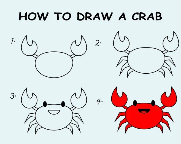 Step Step Draw Crab Drawing Tutorial Crab Drawing Lesson Children — Archivo Imágenes Vectoriales