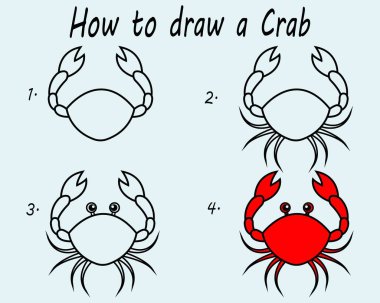 Yengeç çizmek için adım adım. Yengeç resmi çiziyorum. Çocuklar için çizim dersi. Vektör illüstrasyonu