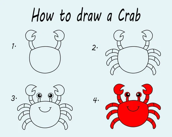 Step Step Draw Crab Drawing Tutorial Crab Drawing Lesson Children — Stock vektor