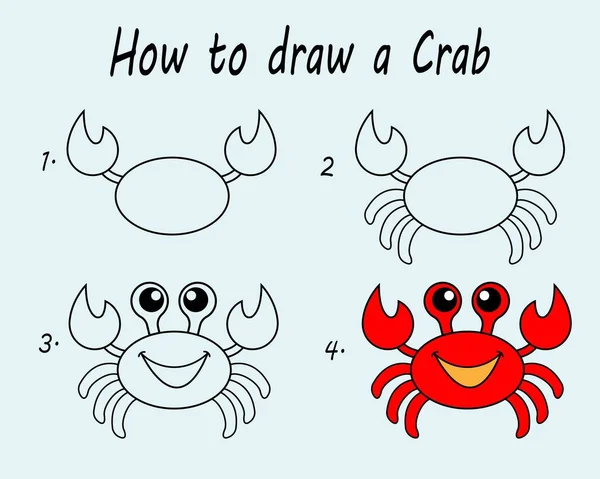 Step Step Draw Crab Drawing Tutorial Crab Drawing Lesson Children — Archivo Imágenes Vectoriales