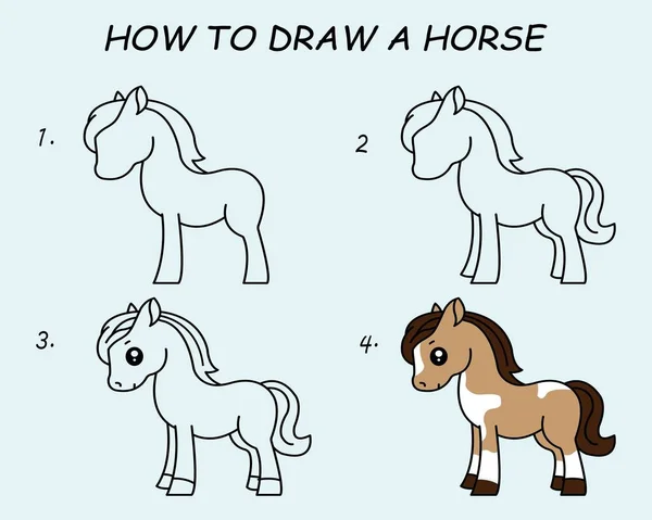 Крок Кроком Намалювати Коня Малюнок Підручника Коня Малювання Уроку Дітей — стоковий вектор
