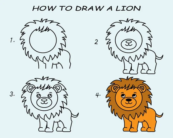 Step Step Draw Lion Drawing Tutorial Lion Drawing Lesson Children — Vetor de Stock