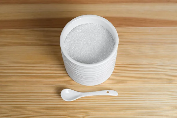 White Plastic Bowl Spoon Wooden Background — Fotografia de Stock