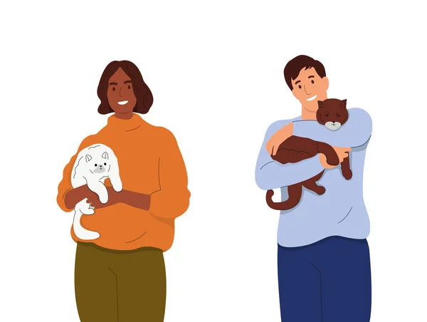 People Holding Cute Cats Set Young Couple Smiling Woman Man — Stock Vector