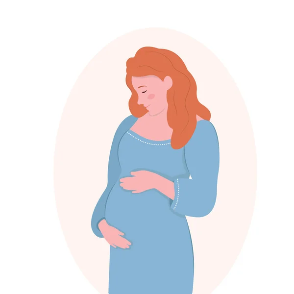 Pregnant Girl Soft Blue Dress Expecting Child Cute Vector Illustration — Stock Vector