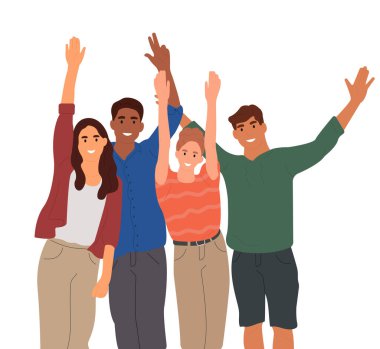 İş adamlarından oluşan bir ekip kutlama yapıyor. Çalışma ve iş birliğinde başarı. Meslektaşlar arasında birlik ve destek kavramı. Beyaz arkaplanda izole edilmiş vektör düz illüstrasyon