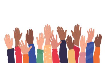 Allyship. Bir grubun kollarını kaldırdı. Gönüllüler. Irksal eşitlik. Takım çalışması ve işbirliği topluluğu konsepti. Güven. Irkçılık karşıtı. Şirin düz çizgi film tarzında vektör illüstrasyonu