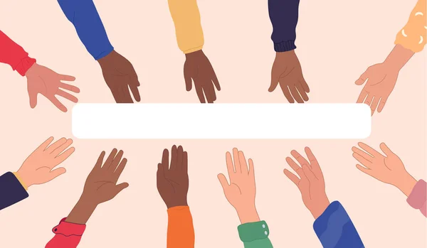 手握弹出标志的多种族 多文化人士举起的臂膀 — 图库矢量图片