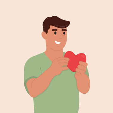 Erkek gönüllü. Şefkat, minnettarlık duygusu olan bir kişi destek ve sevgi sunar. Beyaz arka planda izole edilmiş vektör dairesi çizimi..