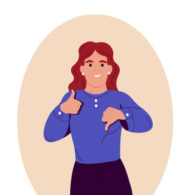 Seçim yap, karar ver. Genç bir kadın iki seçeneği analiz ederek bir seçim yapar. Şüphelenmek, karar vermek, öncelikleri belirlemek..
