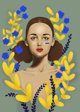 Çiçekli vatansever bir kızın portresi.