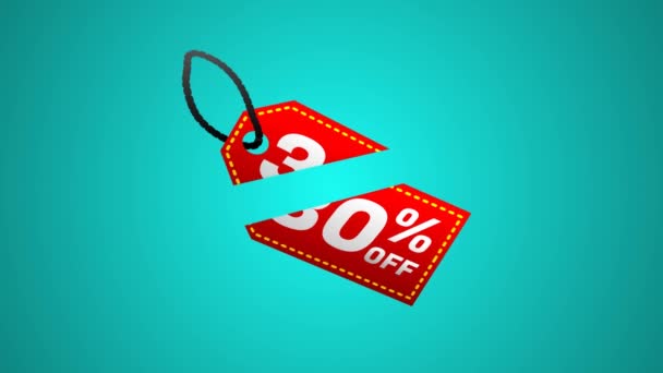 Animated Price Tag Says Percent Being Cut Two Pieces Add — 图库视频影像