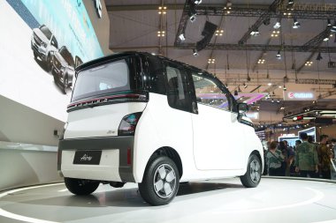 Tangerang, Banten, Indonesia, August 11, 2022 : The Wuling Air ev electric car is exhibited at the Gaikindo Indonesia International Auto Show (GIIAS) 2021 automotive exhibition.