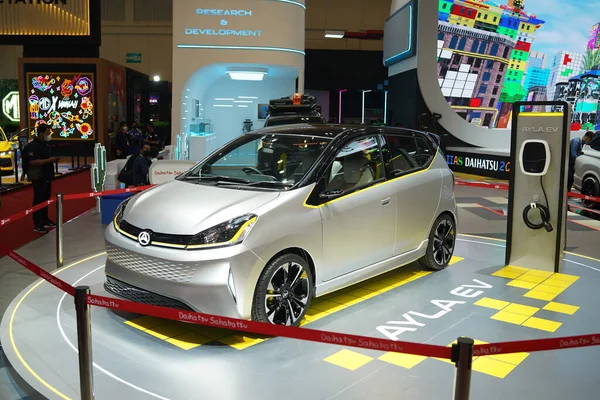 Tangerang, Indonesia, August 11, 2022 : The new Daihatsu Ayla Ev is exhibited at the Gaikindo Indonesia International Auto Show (GIIAS) 2022 automotive exhibition.